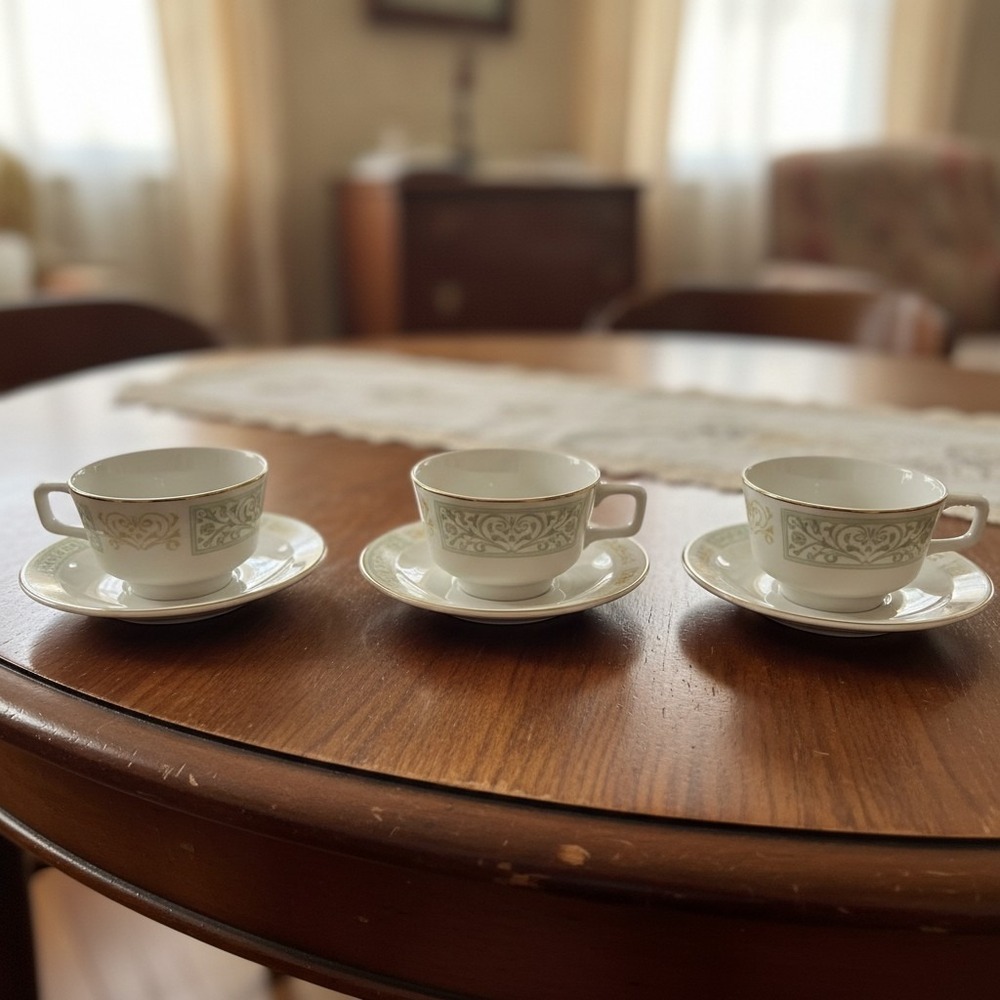Homer Laughlin Best China MD Restaurantware Green & Gold 3 Cups & Saucers